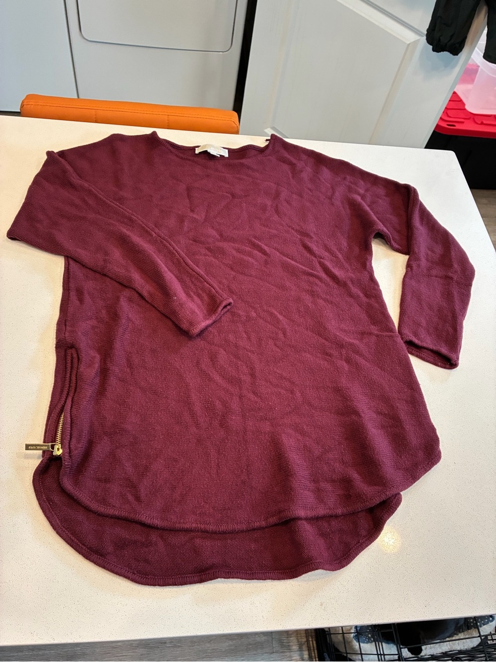Michael Kors Womens Burgundy Knit Crewneck Pullover Sweater Logo Zip Accent L